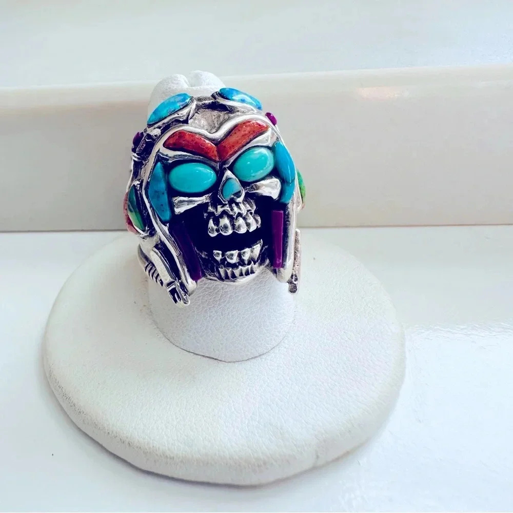 Handmade Sterling Silver & Multi Stone Inlay
Skull/Pilot/Biker/Rocker Ring